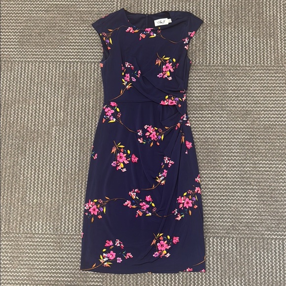 Eliza J Navy Floral Ruched Sleeveless Midi Dress, size 0 Petite - Picture 1 of 7